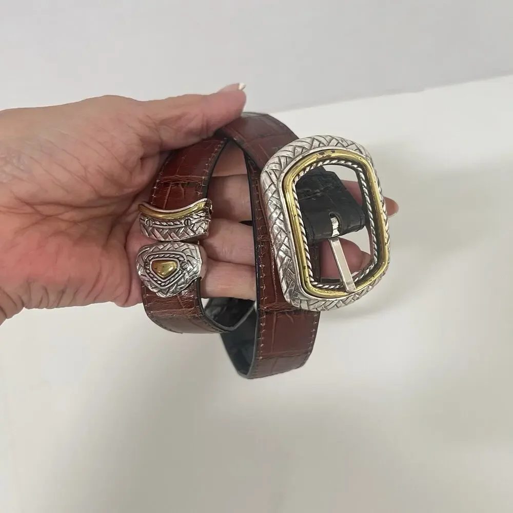 Brighton Reversible Black Brown Leather Croc Belt Size 32 Silver Gold Buckle